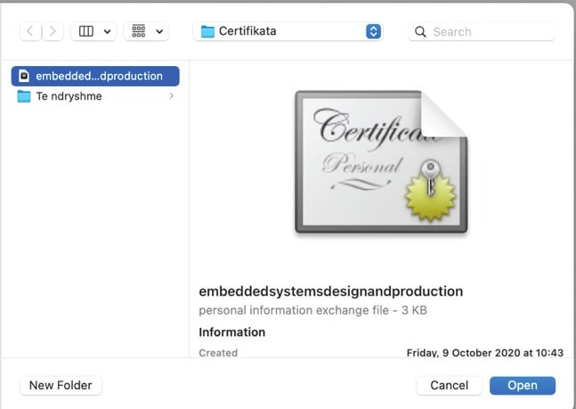Hyrje në aplikacion - Ngarkimi i certifikates